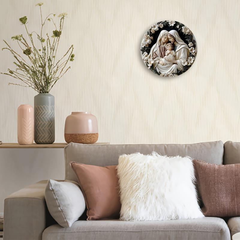 Holy Family Wooden Round Wall Art, Inch Religious Home Decor, Relief Sculpture, Versatile for Living Room, Bedroom, Cafe