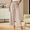 Women Summer Pants Elastic High Waist Casual Trousers with Pockets Solid Color Wrinkles Loose Fit Pants