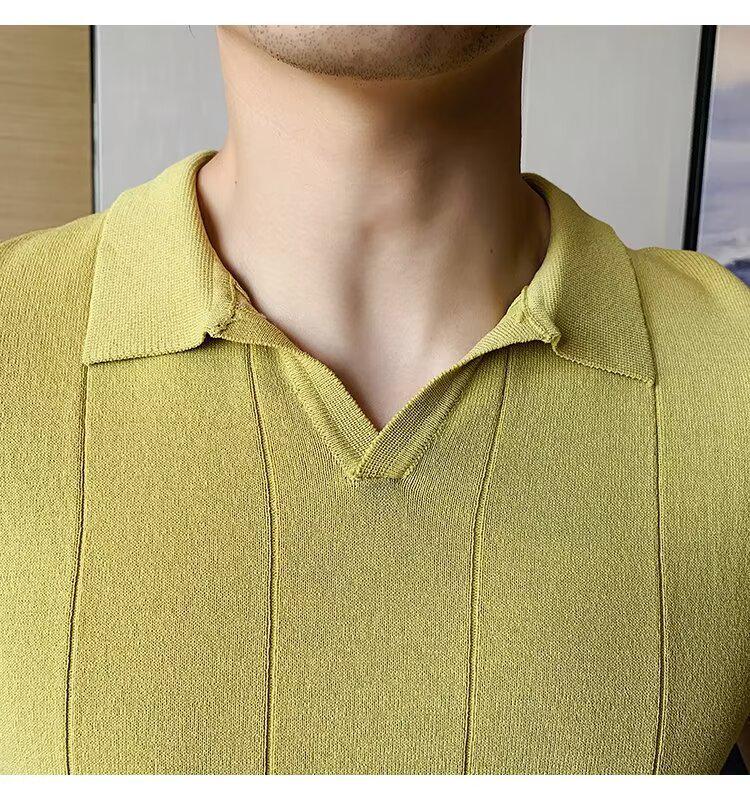 Мужская летняя поло-рубашка в полоску – Короткий рукав, Приталенный крой, V-образный вырез, Деловой кэжуал