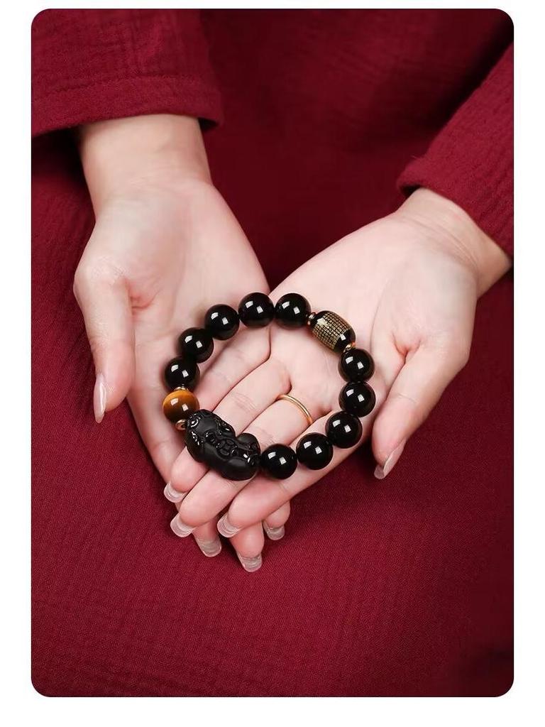 Men's Black Gold Obsidian & Tiger Eye Wealth Bracelet with Heart Sutra Bead