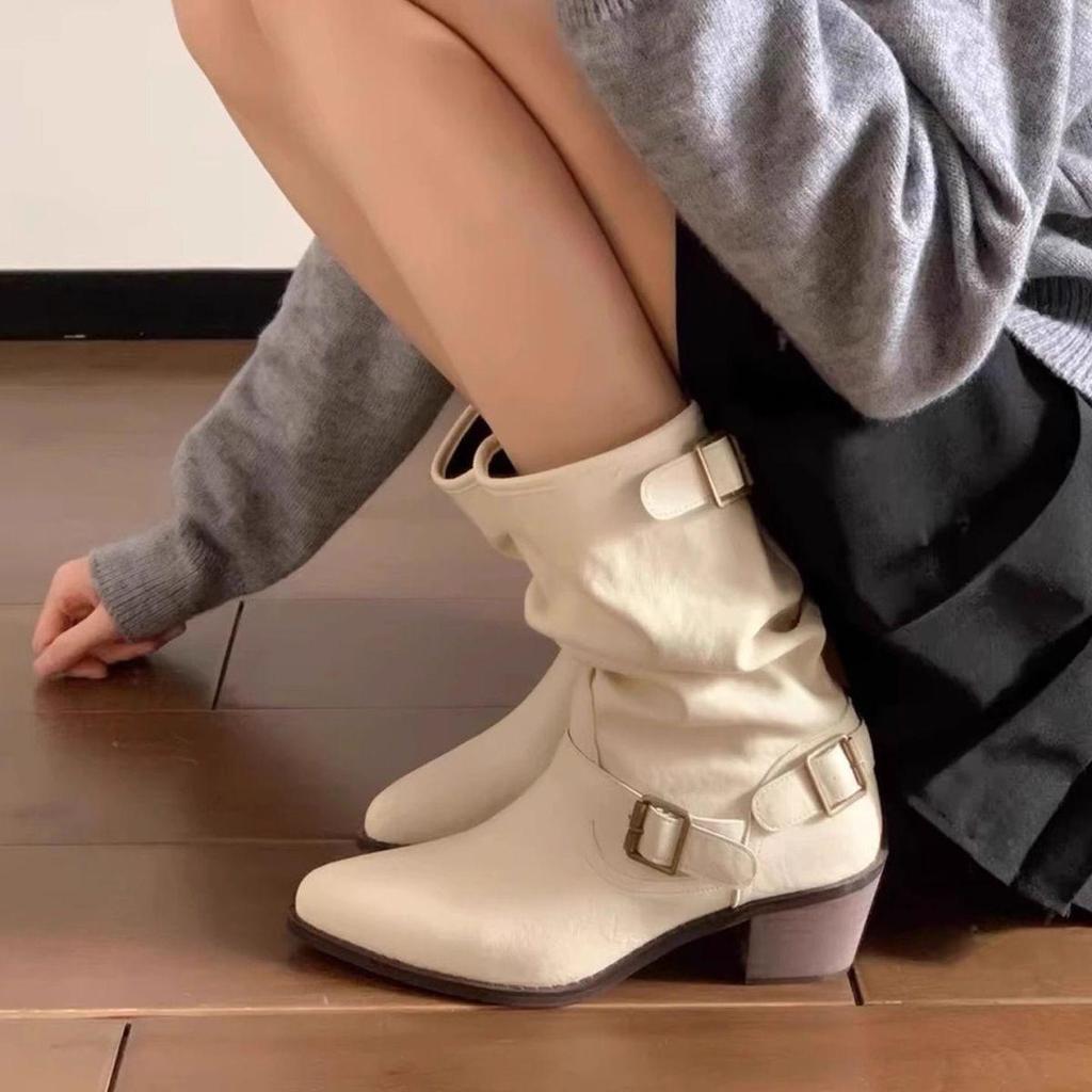 Women's 2025 Autumn/Winter Retro Korean-Style Pointed Toe Martin Boots - Versatile White Soft Leather High Heel Slouch Boots
