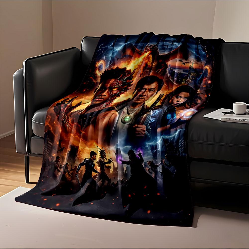 Fantasy battle with a dragon, magical powers, and heroes in urban chaos. for all seasons blanket lunch break throw gift