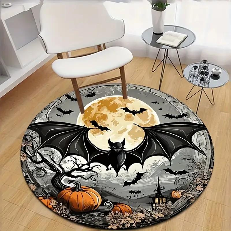 Halloween Bat Round Area Rug Non-Slip Washable Chair Mat for Living Room, Bedroom Decor Gothic Moon Bat Soft Carpet