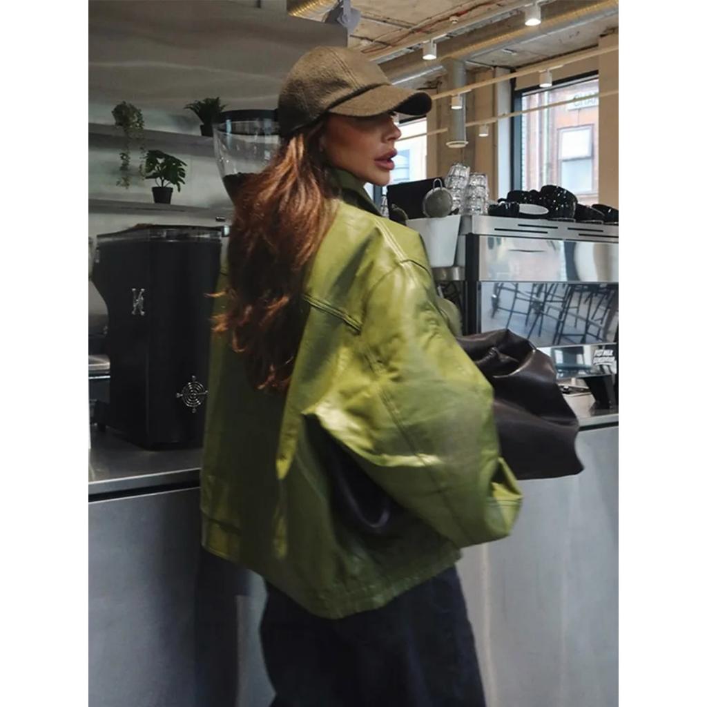 Оливково-зеленая кожаная куртка, пальто, силуэт, винтажный, уличный тренд, молния, лацкан, короткое пальто, свободный повседневный топ, верхняя одежда, осень