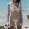 Swimsuit Cover-ups Women Sexy Beach See-Through Beachwear Knitted Dress Solid Long Sleeve Transparent Backless Sheer Swimwear