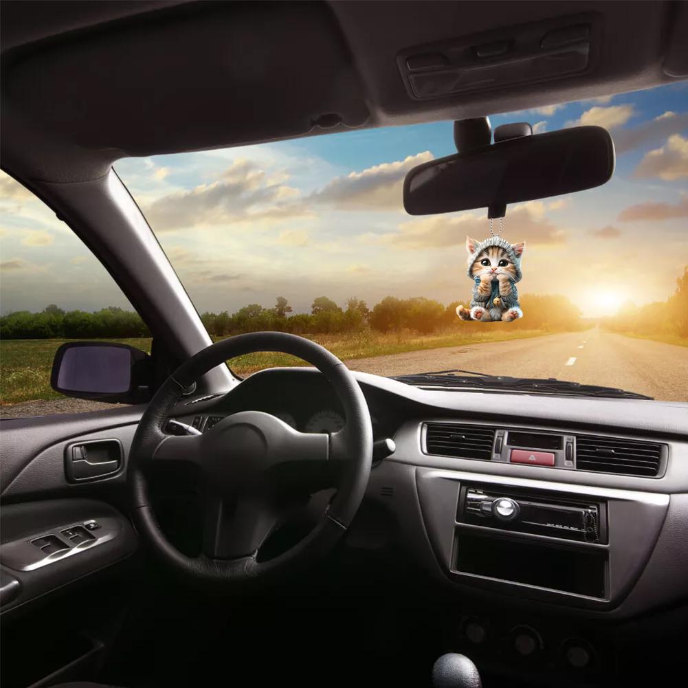 2D Car Pendant Hanging Ornament With Chain Realistic Hanging Interior Car Cat-Shaped Decor Mirr W3P9