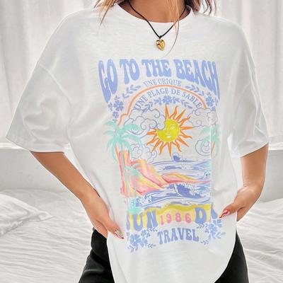 Серия принтов с графикой солнца и букв, узором в виде фигуры, футболка с круглым вырезом, свободного кроя, с коротким рукавом, летняя, повседневная, модная, для путешествий, для девочек