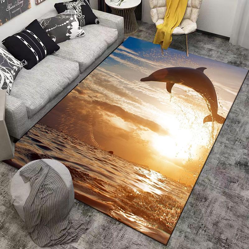 Dolphin Jumping in Sunset Ocean Scene, Decorative Carpet Design Suitable for use as an anti-slip for living room bedroom sofas