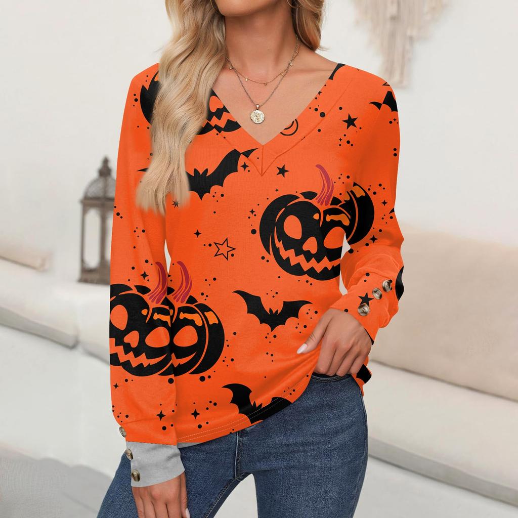 Женские топы с принтом на Хэллоуин, рубашка с длинным рукавом, V-образный вырез, повседневная свободная футболка, осенняя одежда