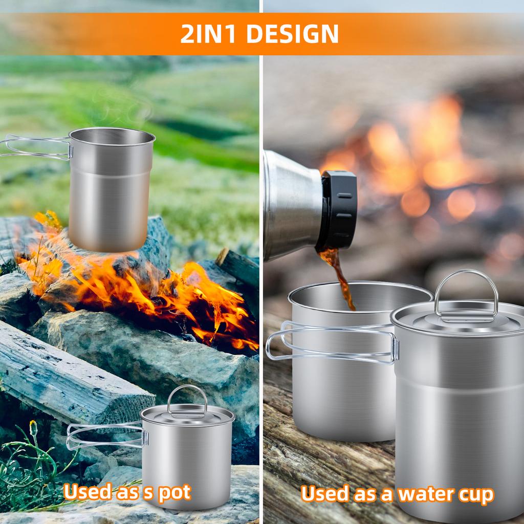 Set of 2 Stackable Camping Mugs Stainless Steel with Storage Bag Portable Coffee Cup with Foldable