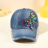 Butterfly Pattern Rhinestone Decor Fashionable Baseball Cap, Women's Sunscreen Washed Denim Trucker Hat for Outdoor for Music Festival