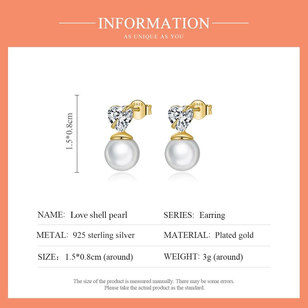WOSTU Genuine 925 Sterling Silver Love Shell Pearl Drop Earrings for Women Plated Gold Earrings Jewelry