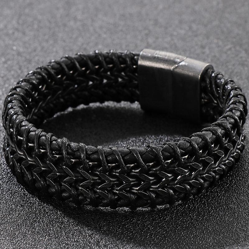 12 мм черный браслет из натуральной кожи для мужчин плетеные мужские браслеты из воловьей кожи и нержавеющей стали с магнитной застежкой с гравировкой