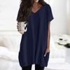 Womens Tops V-neck Short Sleeve Blouses Casual Mid-length Shirts Fashion Print Tunic Tops With Pockets