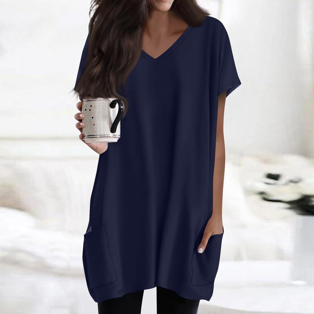 Womens Tops V-neck Short Sleeve Blouses Casual Mid-length Shirts Fashion Print Tunic Tops With Pockets