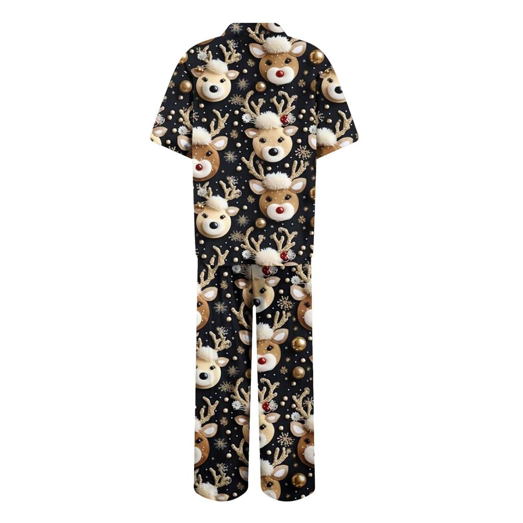Женский рождественский пижамный комплект с принтом, женские короткие рукава, длинные брюки, комплект из двух предметов, застегивающийся на пуговицы, домашняя одежда
