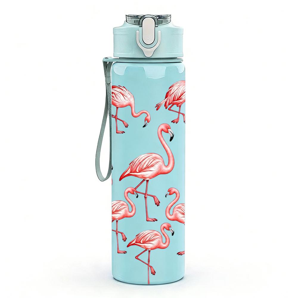 1PC Flamingo Group Heart Shape 750ml Color Plastic Sports Water Bottle Leakproof Flip Straw Lid Suitable for Sports Office Home Use