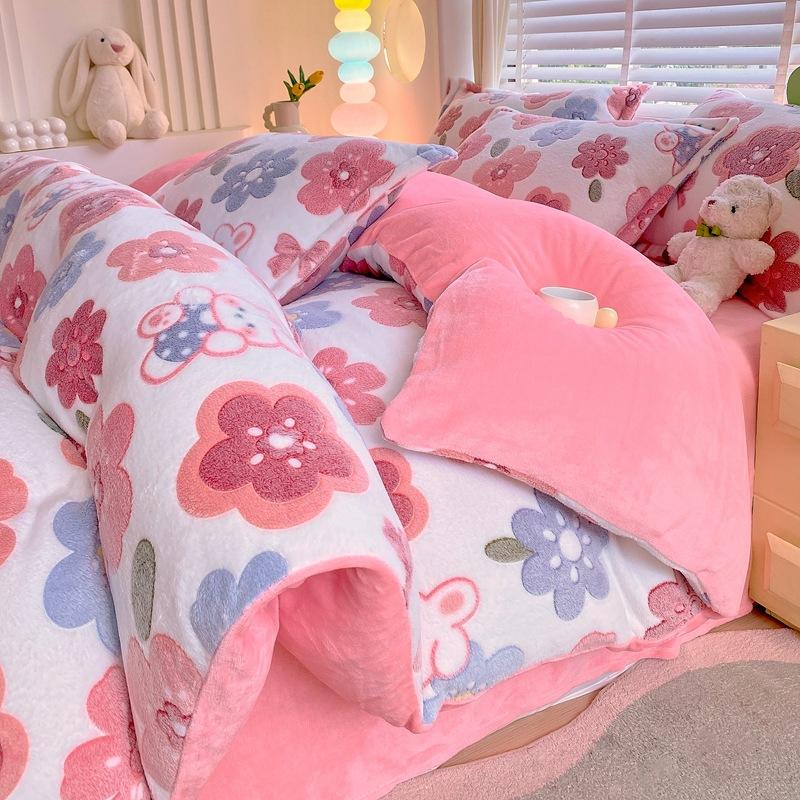 Snowflake Fleece Four-Piece Set, Thickened Milk Coral Fleece Quilt Cover, Double-Sided Fleece Quilt Cover, Bed Sheet, Bed Hat Three-Piece Set