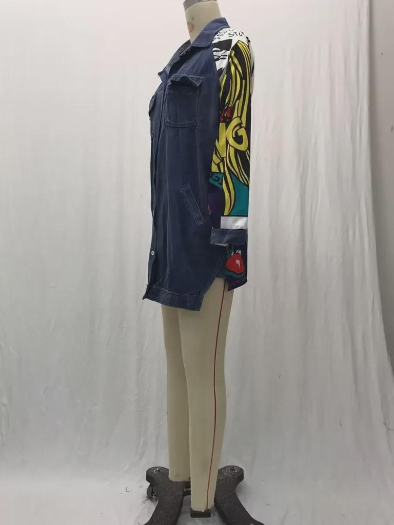 2025 Женская джинсовая ветровка с абстрактным узором - Креативное сращивание, свободная стираная куртка