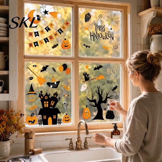 Bright Color Halloween Decals 4 Sheets Electrostatic Glass Stickers, Cartoon Pumpkins Castle Bats Window Stickers PVC Waterproof Static Clings