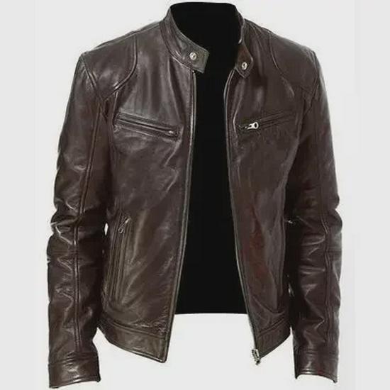 Men's Trendy Stand Collar Leather Motorcycle Jacket - Spring/Autumn Large Size