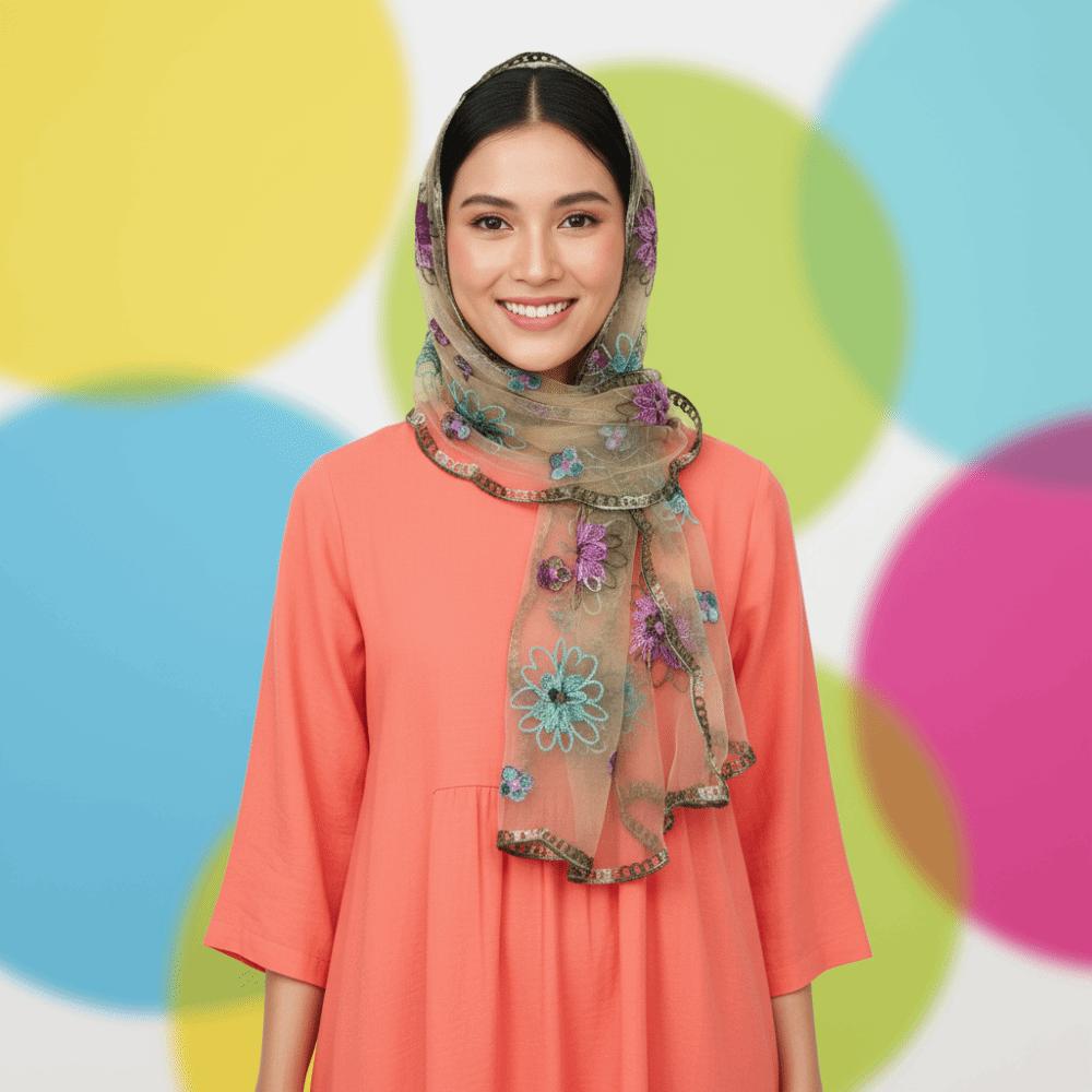 Lightweight Floral Headwrap Embroidered Mesh Stole Lace Scarf Sheer Shawl Elegant Lady