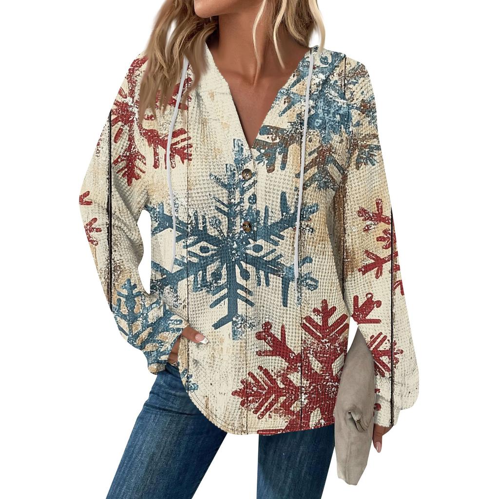 Женская мода с длинным рукавом, завязками на шнурке, капюшоном, пуговицами, V-образным вырезом, повседневная толстовка с капюшоном и рождественским принтом