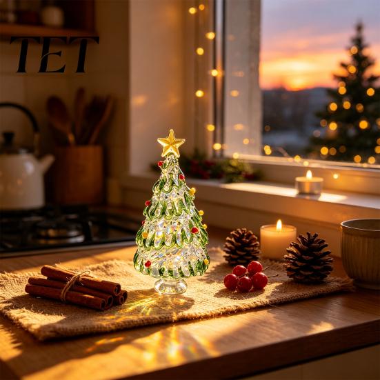 Holiday Party Centerpiece Hand Blown Glass Christmas Tree Figurine with Golen Star, Interior Design Accent Mini Xmas Ornament, Handmade Desktop