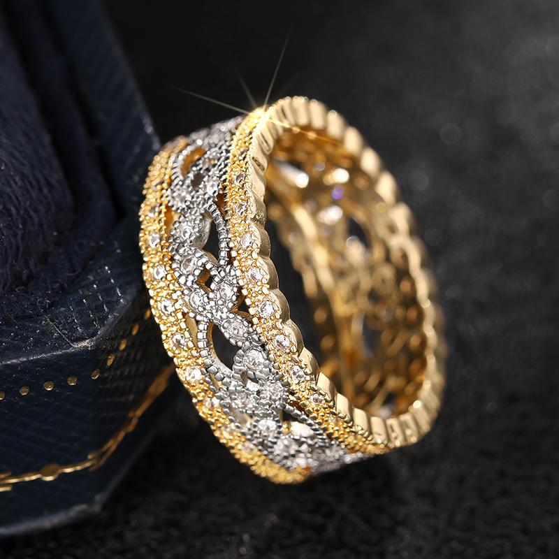 Huitan Women Leaf Design Two Tone Ring Luxury Wedding Accessories Inlaid Brilliant Cubic Zirconia Party Elegant Lady JewelryGood product