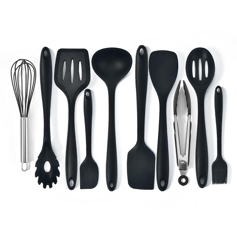 10-Piece Non-Stick Silicone Kitchenware Set: Includes Large Colander, Cooking Spoon, Shovel, Porridge Spoon, and Scraper for Baking.