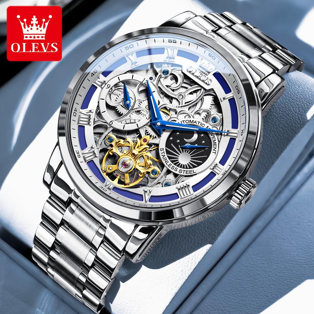 OLEVS 6670 Mens Watch Luxury Original Skeleton Mechanical Watch Moon Phase Stainless Steel Watches For Man Gifts Box Reloj