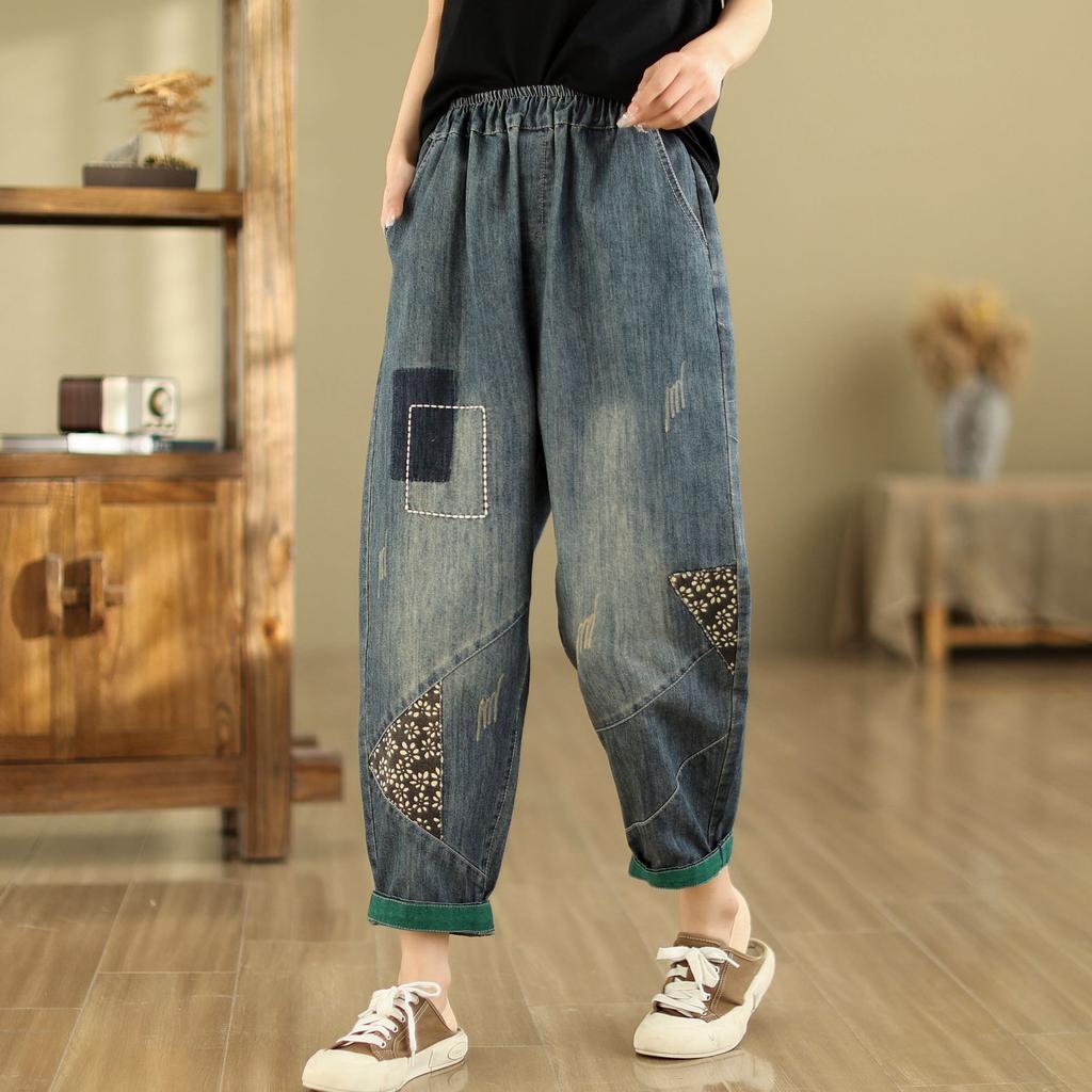Весна/лето Новые повседневные брюки-харен для женщин Вышитые женские укороченные брюки Свободные джинсы для женщин