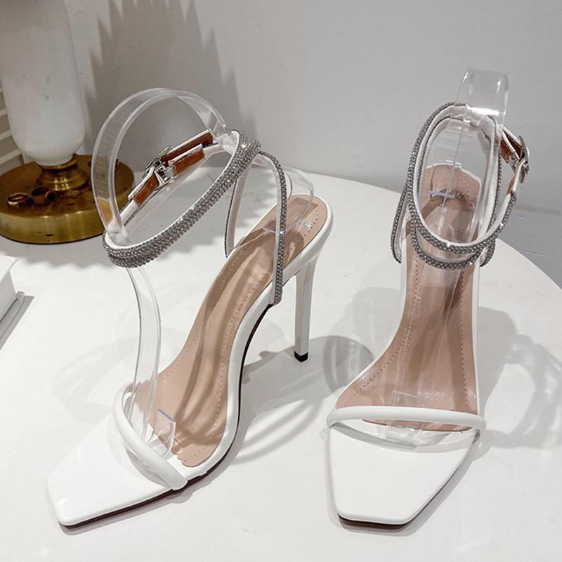 Новые модные сандалии со стразами, женские летние туфли с ремешком на щиколотке с кристаллами, туфли на высоком каблуке для вечеринки, свадьбы, выпускного вечера, туфли на шпильке с открытым носком