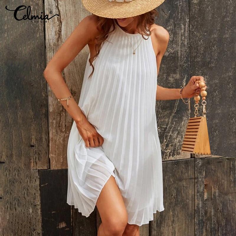 Celmia Летнее тонкое женское модное вечернее мини-платье без рукавов плиссированный сарафан однотонное повседневное свободное короткое платье размера плюс