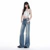 American retro lace waist brand medium and low waist thin washed white pleated micro-horn jeans women
