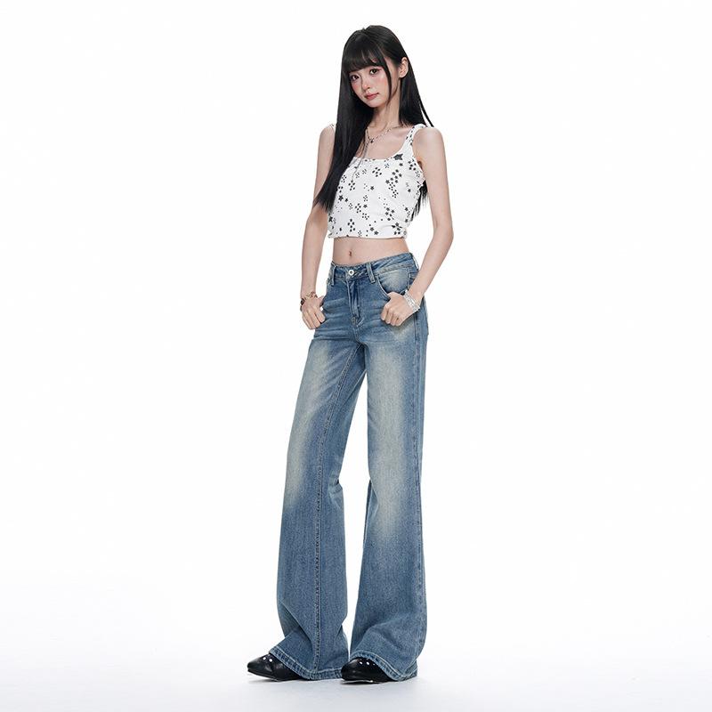 American retro lace waist brand medium and low waist thin washed white pleated micro-horn jeans women