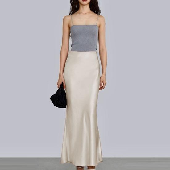 Весна-лето макси-юбка женская с высокой талией шелковистая текстура длинная юбка однотонная гладкая атласная длинная юбка «рыбий хвост»