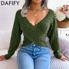 Women's Fashion Casual Solid Color Print Fall Winter Long Sleeve V Neck Sweaters