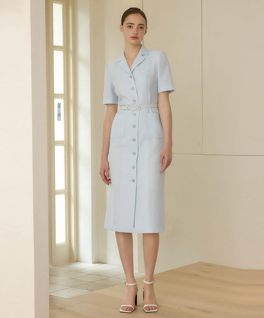 Julie And Kara 25Hs Collar 120 Terroir Line Queen Long Tweed Dress Sky Blue
