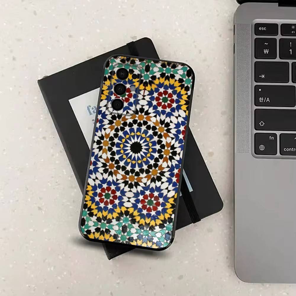 M-Moroccan Tile For Samsung Galaxy A73,31,71,53,32,72,Note,22,41,8,9,52,J7,Soft Black Silicone Cover Case