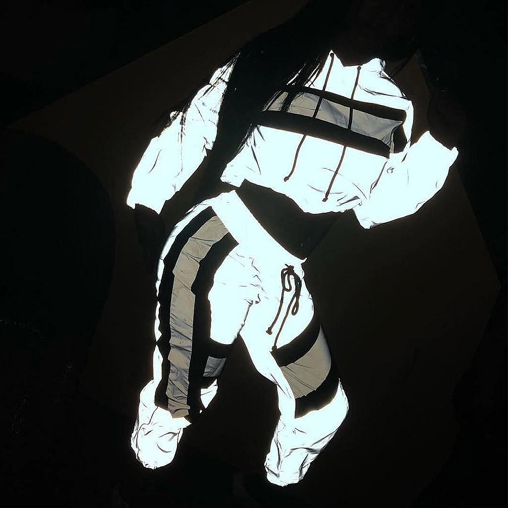 Women Casual Reflective Splicing Set Long Sleeve Crop Tops + Pants