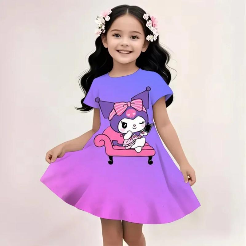 Sanrio Hello Kitty и Друзья 2026 Лето Для Детей 3-14 Лет Девочки Дышащее Имитация Хлопка Короткие Рукава Платье