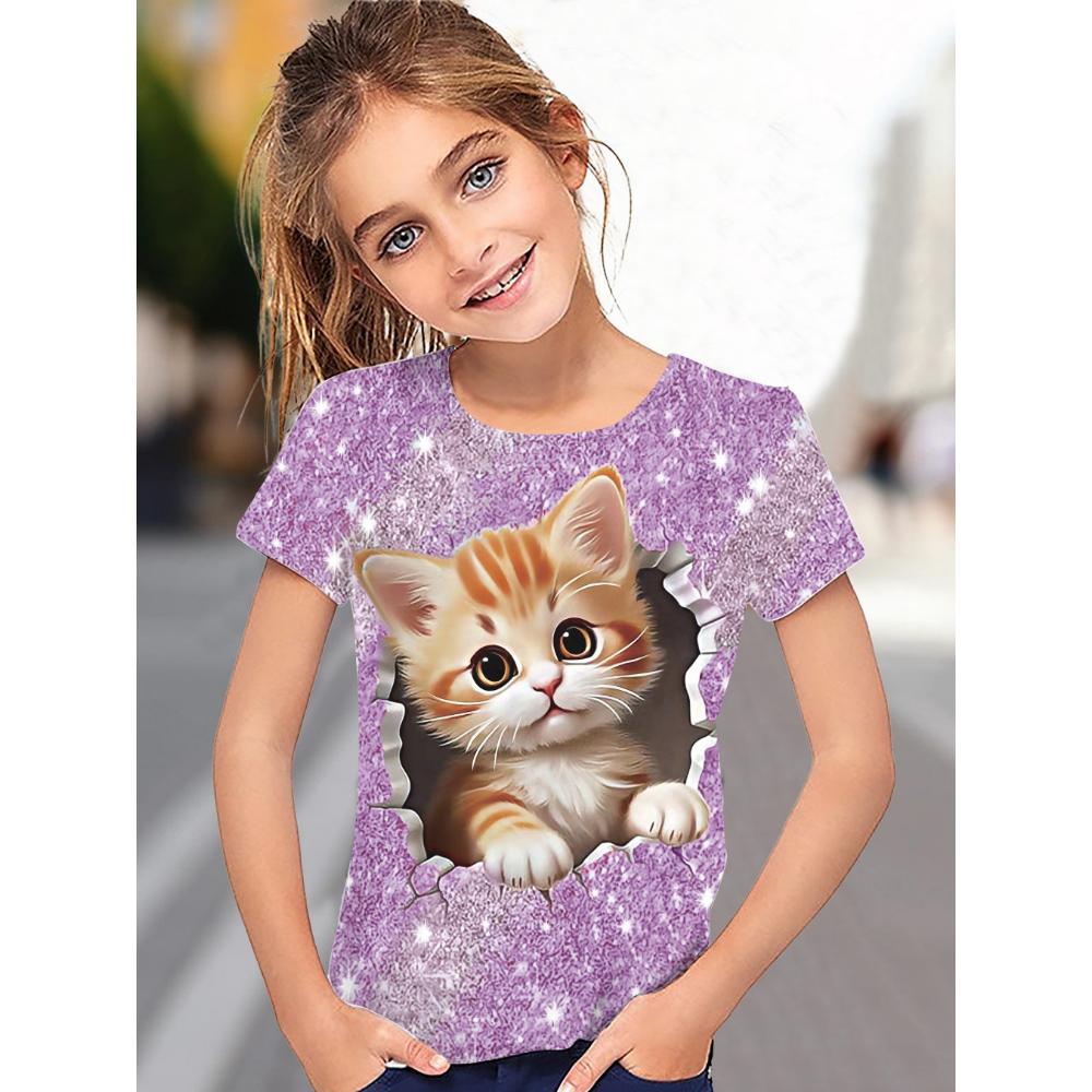 Футболка с милым принтом котенка для детей, с круглым вырезом и короткими рукавами, повседневная футболка для детей, для девочек, для летних видов спорта на открытом воздухе
