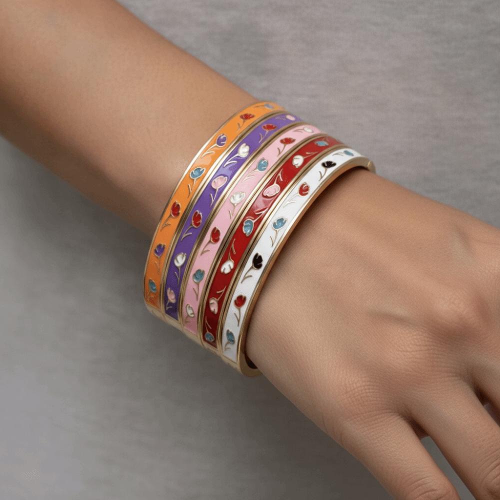 Enamel Tulip Flower Bangle Colorful Women's Hand Bracelet Fashion Vintage Cloisonne Bangle Ladies