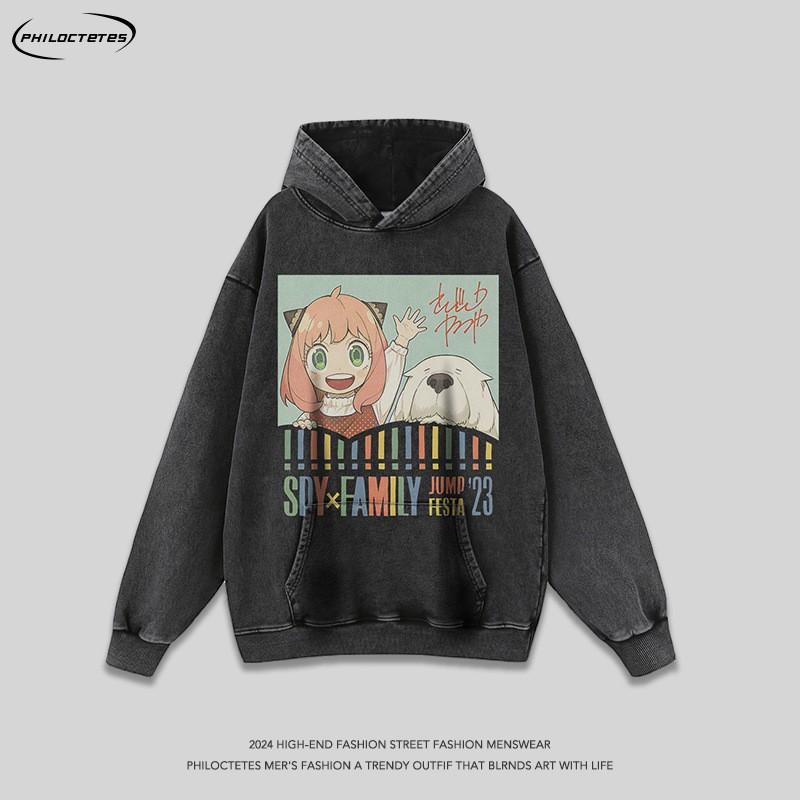 Mens Oversized Hoodie With Vintage Cartoon Print Heavyweight Washed Cotton Streetwear