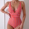 Женский монокини с глубоким V-образным вырезом без рукавов, облегающий слитный купальник-бикини с полосатым принтом и высокой талией, утягивающий живот