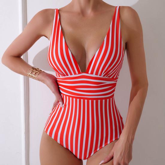 Женский монокини с глубоким V-образным вырезом без рукавов, облегающий слитный купальник-бикини с полосатым принтом и высокой талией, утягивающий живот