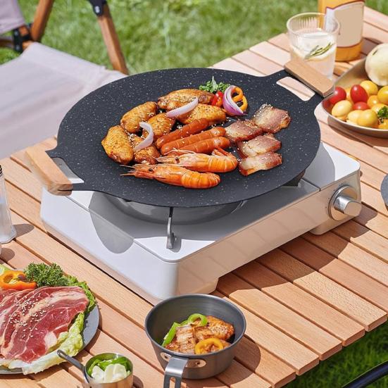 Cast Iron Baking Tray with Handles Non-stick Round Frying Pan for BBQ Steak Seafood Vegetables Pancakes Multifunctional Grill Pan for Stove Campfire