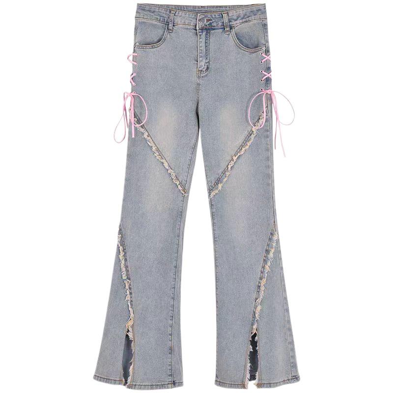 Women's 2024 Split Flare Jeans with Strap Design - American Style, Spring & Fall Casuals