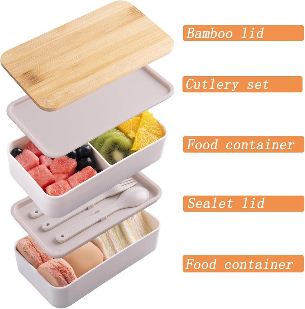 White Double Layer Wood Grain Bento Box Microwave Safe Large Capacity Lunch Container without Thermal Bag
